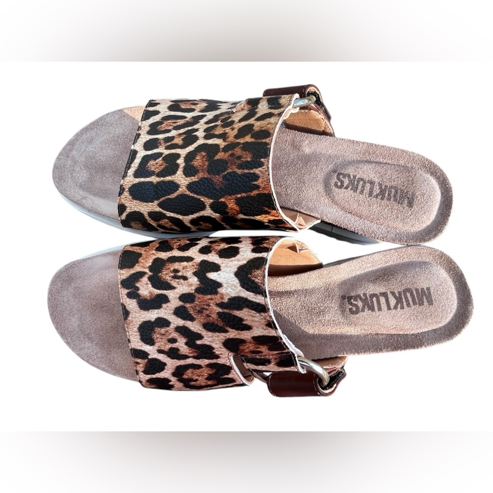 Muk Luks Leopard Print Slide Sandals Size 8 Cork Footbed Comfort Wedge - Picture 7 of 8